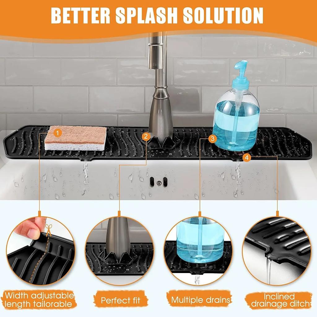 Large Sink Splash Guard 30 Inch Silicone Faucet Handle Drip Catcher Tray Longer Silicone Sink Mat for Kitchen Bathroom