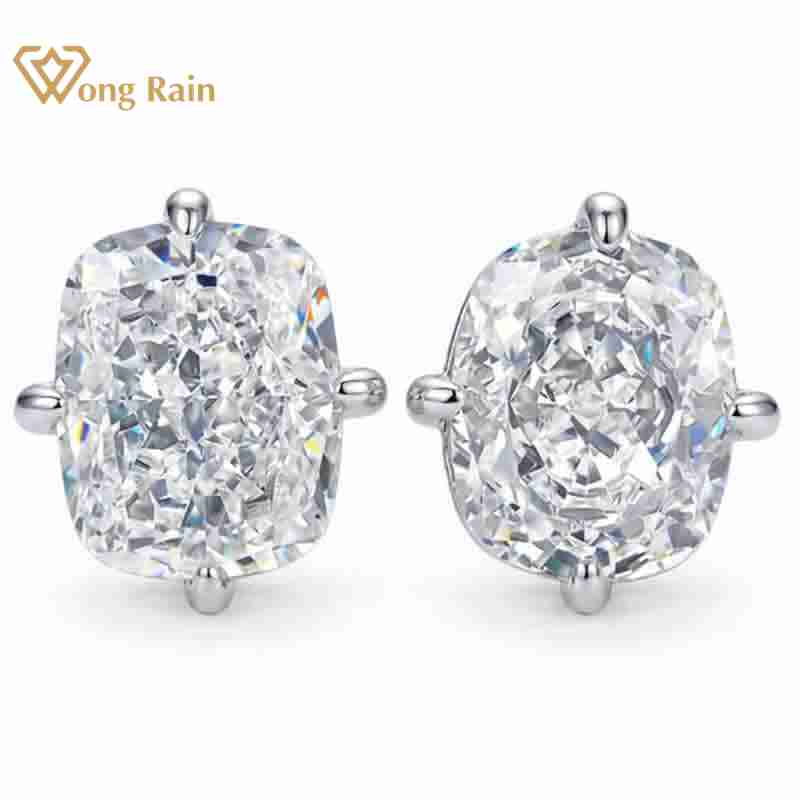 Wong Rain 100% 925 Silver Crushed Ice Cut 8*10 MM Lab Sapphire Gemstone Ear Studs Earrings for Women Jewelry