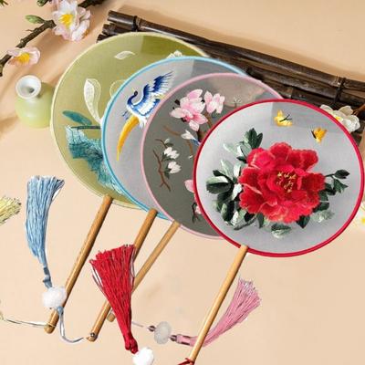 Round Double Sided Embroidery Fan Chinese Style Wooden Handle Embroidery Round Fan with Pendant Handheld Flower Silk Fan