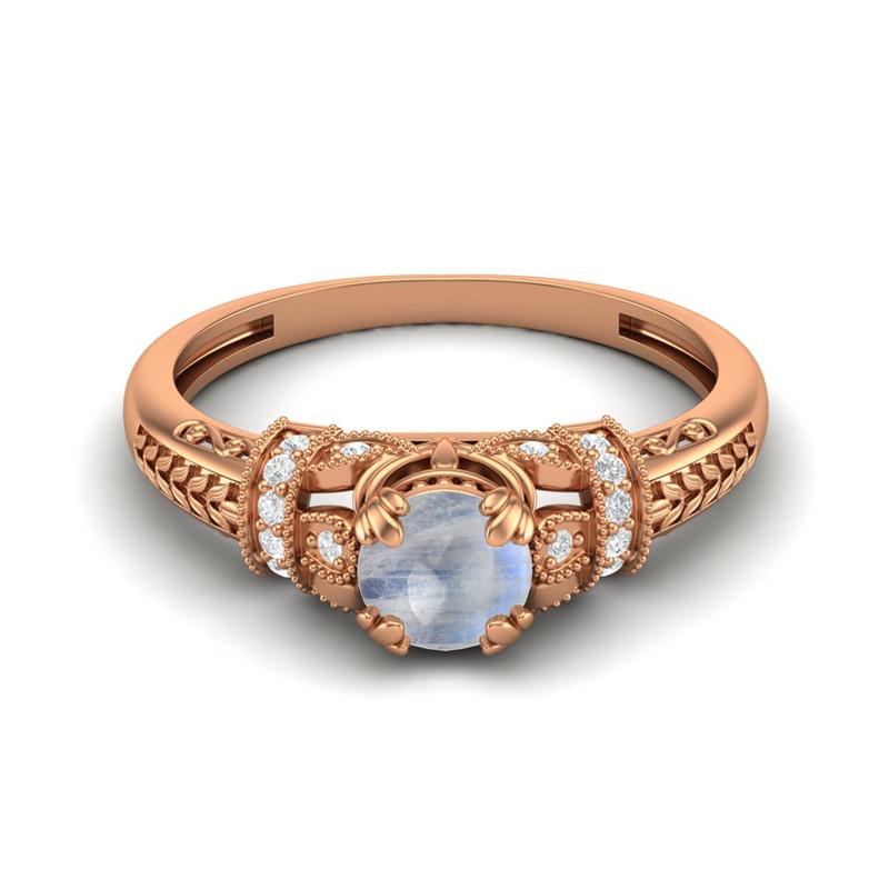 5MM Round Moonstone Gemstone 925 Sterling Silver Rose Plated Solitaire Blossom Design Women Wedding Ring