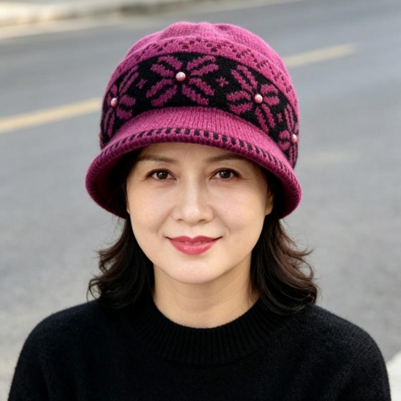 Middle-aged and elderly hats women's autumn and winter fashion warm mother ear protector basin hat fleece bucket hat cold-proof knitted wool hat