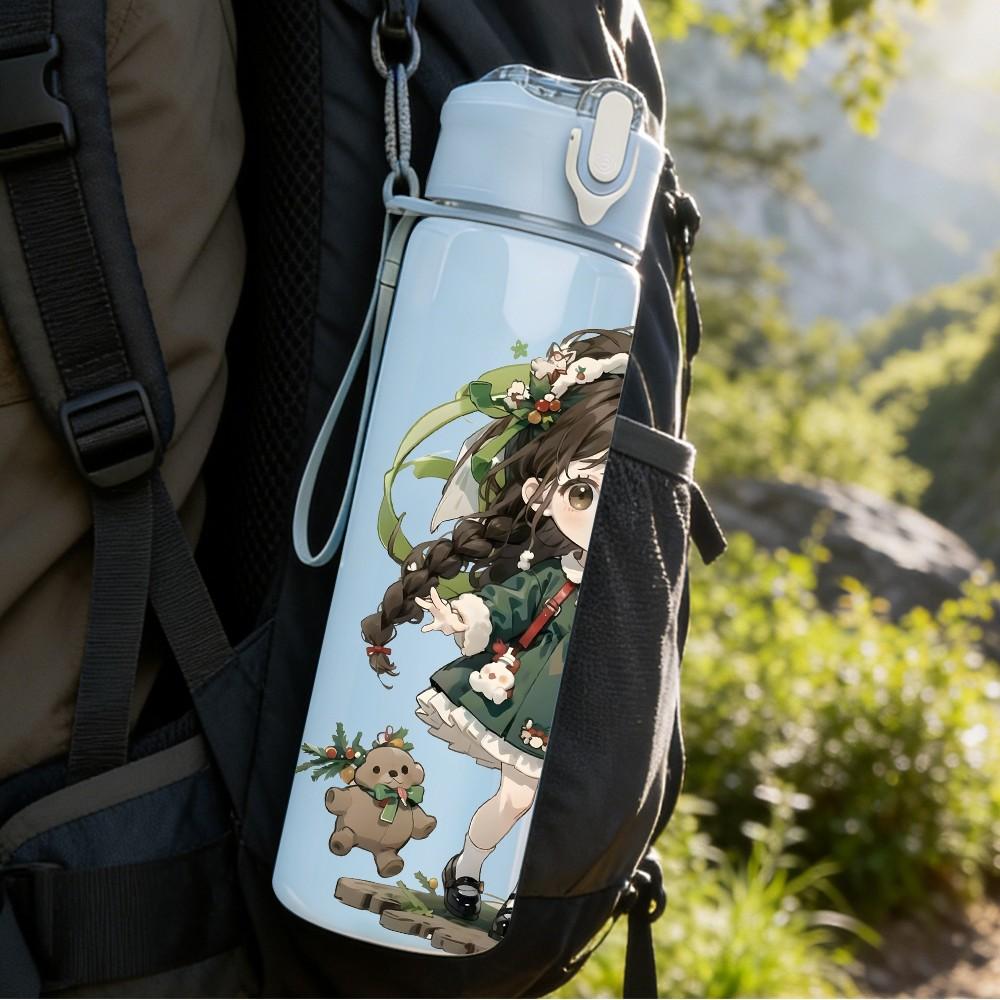 1PC Dark Green Dress Girl Nature Scene Pattern 750ml Color Plastic Sports Water Bottle Leakproof Flip Straw Lid Suitable for Sports Office Home Use