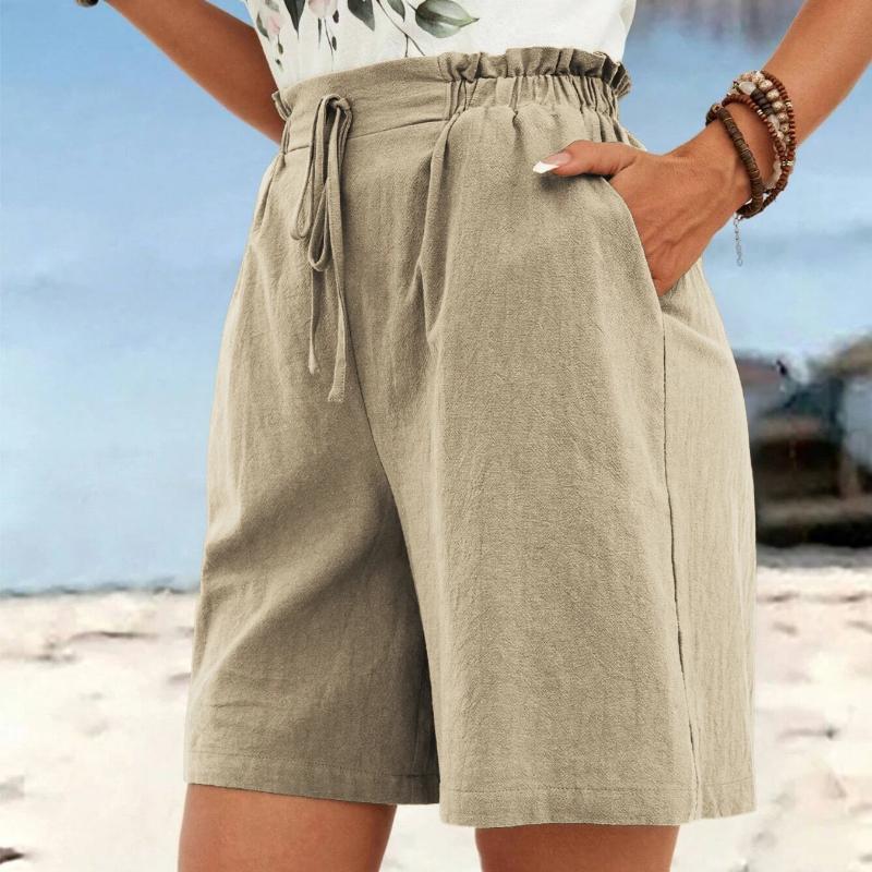 Women's Spring and Summer Linen Solid Color Shorts Casual Sports Women's Shorts Three-quarter Pants with Drawstring Shorts