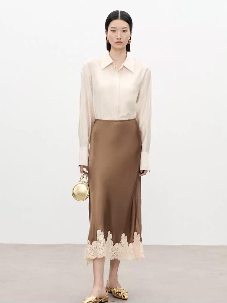 Elegancka damska długa spódnica z koronkowymi wstawkami z acetatu – 2026 Modny, przylegający do bioder design