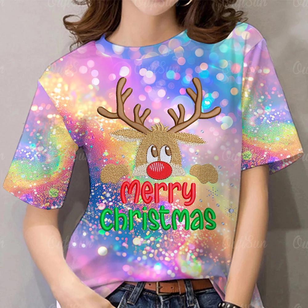 2026 New Christmas Rainbow & Red T-Shirt - Fashionable Full Sublimation Print for Women