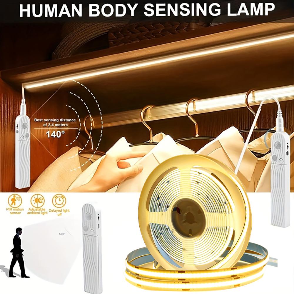 Motion Sensor Led Lights Strip Battery Powered 320 Leds/m COB Led Strip Lights for Stair Bedroom Closet Under Cabinet Lighting