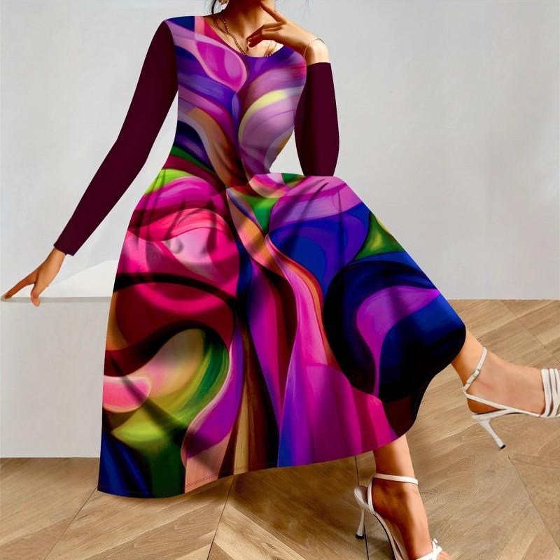 Womens Purple Floral Print Long Sleeve Maxi Dress - Elegant Party In Milk Silk Fabric