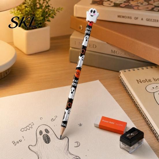 Smooth Writing Pencils 12 Pcs Halloween with 3D Skull Ghost Pumpkin Cat Erasers, Bat Pattern Wood Bulk for Goodie Bags, School Classroom Rewards