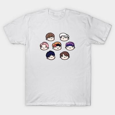 Cute Minimalist Chibi Seven Members Head Print Tee Clean White Basic Short Sleeve Lovely Kawaii Gift for Bangtan Fans