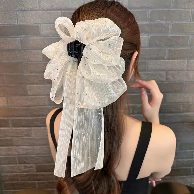 Korean Style Fashion Large Bow Ribbon Hair Claw Super Fairy Temperament Glitter Rhinestone Hair Clip Girl Sweet Hair Accessories