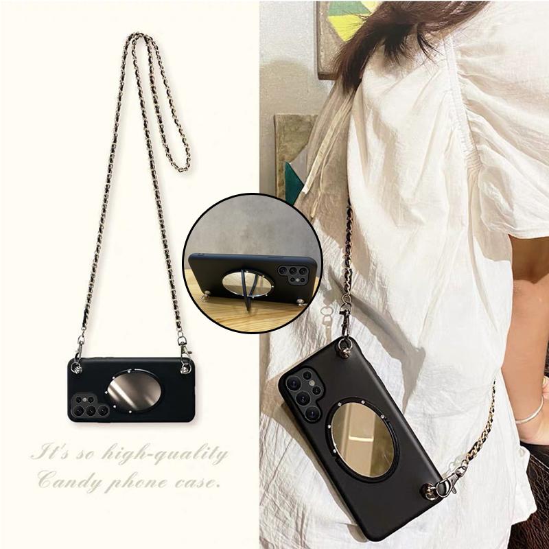 Mirror Stand Holder Soft Silicone Phone Cover For Samsung Galaxy S24 Ultra Plus Crossbody Leather Metal Chain Lanyard Back Case
