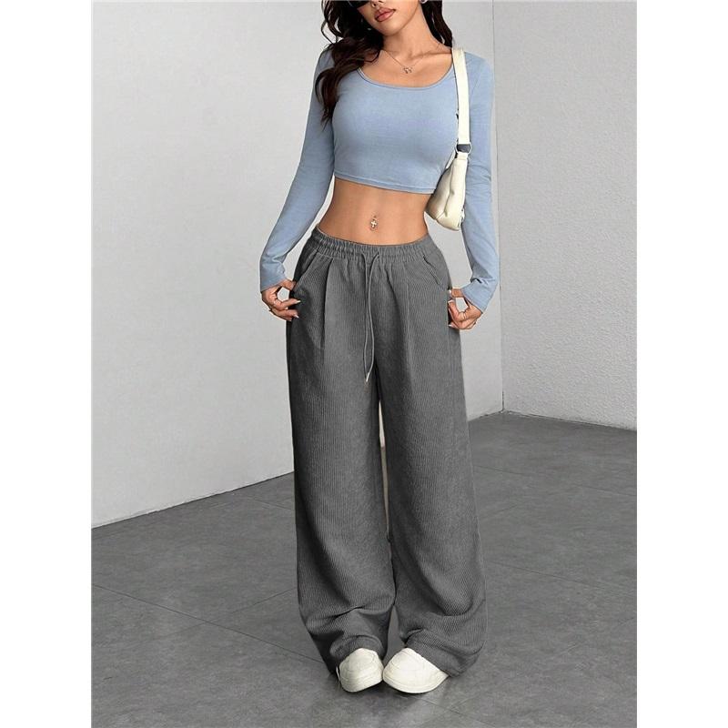 

Women s Corduroy Wide Leg Pants High Waist Drawstring Casual Loose Trousers XXL