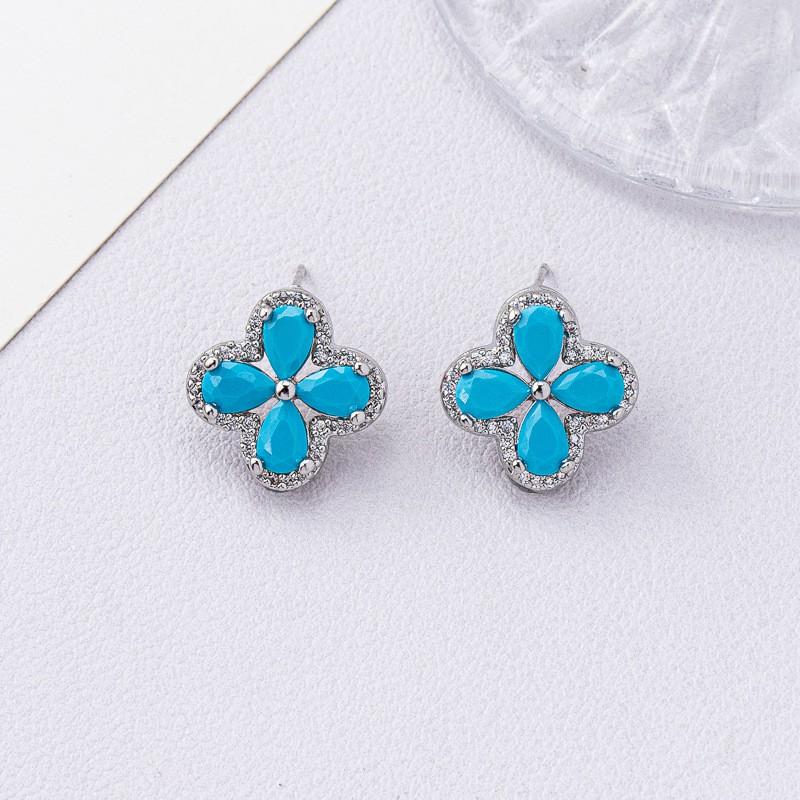 Elegant Blue Turquoise Lucky Four Leaf Clover Pendant Necklace Earrings Set Zircon Inlaid Minimalist Chain Women Men Earring