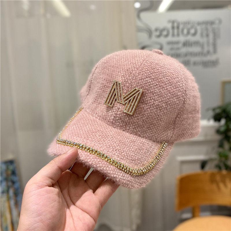 Hat Autumn and Winter, Suitable for Round Face Plush Rhinestone Baseball Cap Ins Trendy Brand Face Small Versatile Cap