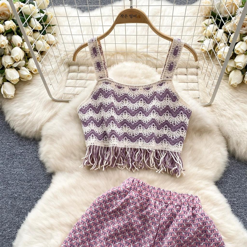 Bohemian Seaside Holiday Sle Zweiteiliger Anzug mit Wellenmuster, Camisole-Ärmel, vielseitiges, geschlitztes Hosenset mit weitem Bein