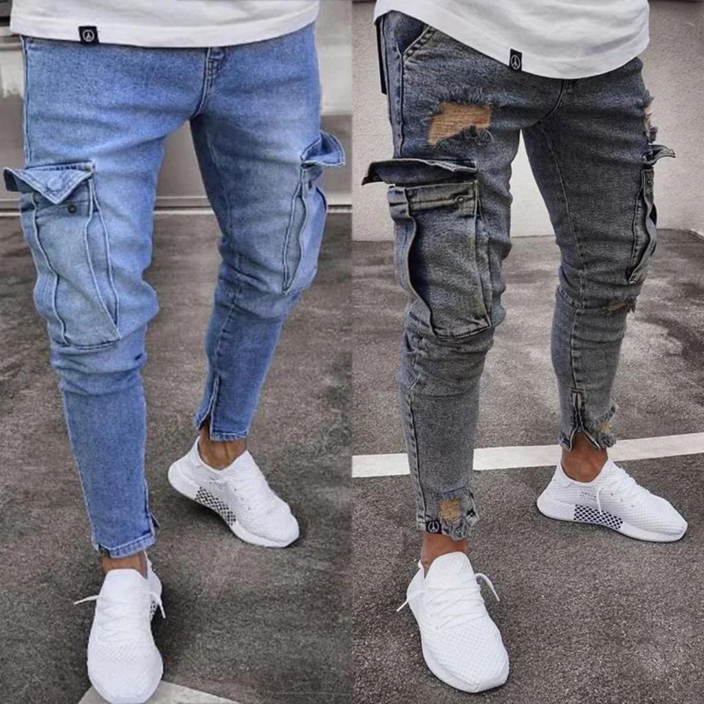 Stretch Herrenjeans Mode Knie zerrissen Reißverschluss Skinny Hose Denimhose Hohe Taille Seitentaschen