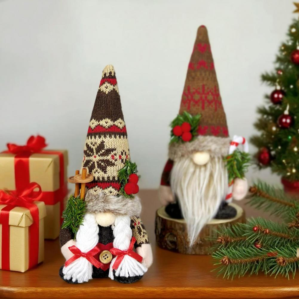 Christmas Plush Gnome Decoration Handmade Elf Dwarf Figurine with Knitted Hat Pine Branches Winter Stuffed Swedish Tomte Doll