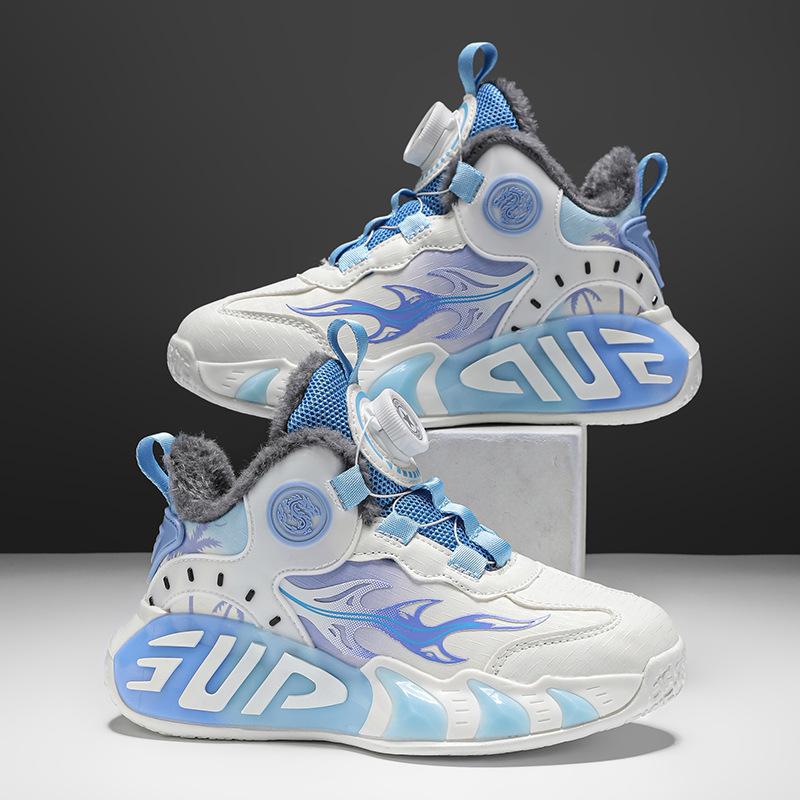 2025 winter new children's cotton shoes, velvet warm and cold-proof boys and girls basketball shoes, rotating buckle student sports shoes