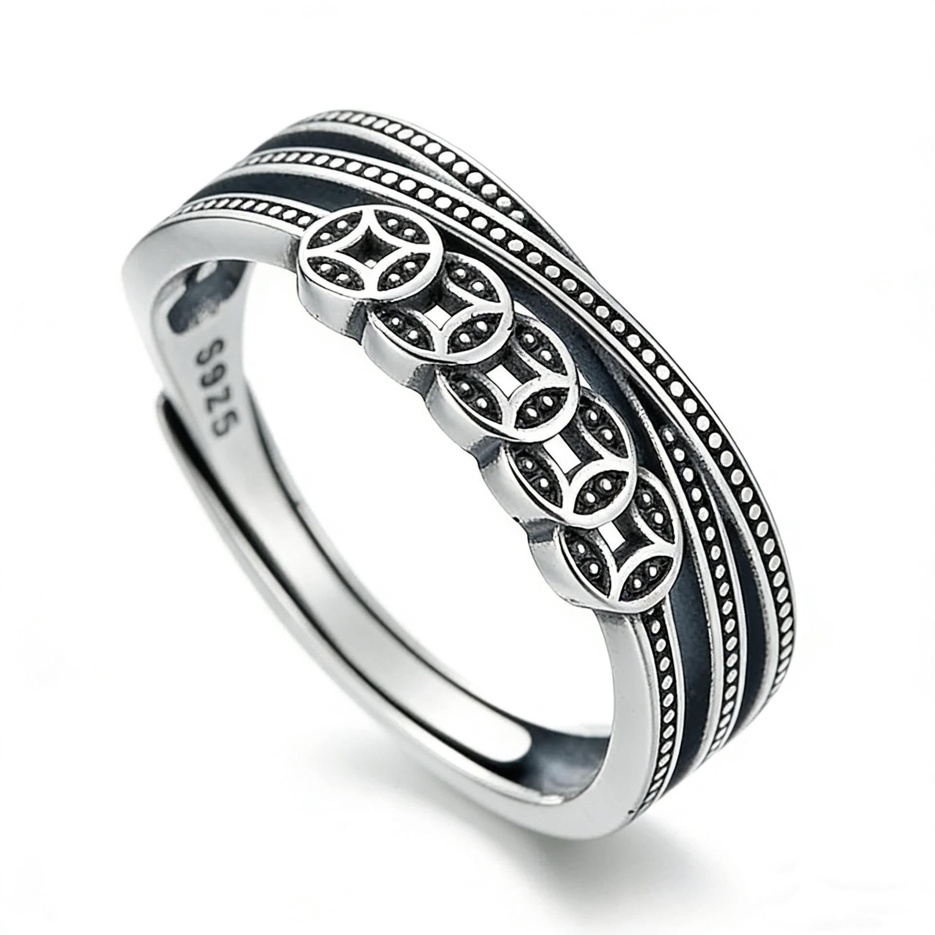 Ethnic Silver S925 Women s Ring: Retro Chinese Style with Wealth-Attracting Five Emperors Coins
