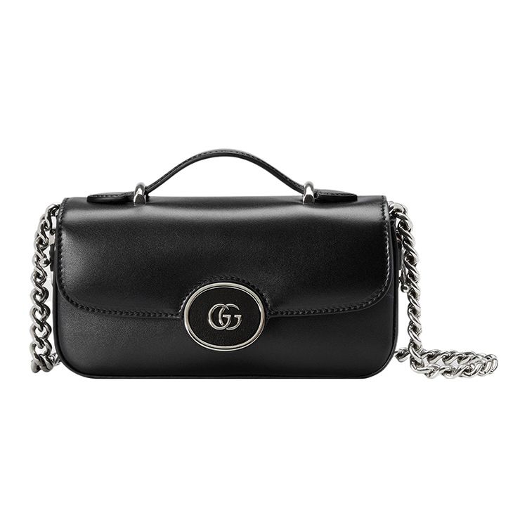 Gucci Petite GG Doppel-G-Logo Abnehmbare Kette Druckverschluss Leder Handtasche Mini Damenhandtasche Schwarz 760194-AABSG-1000