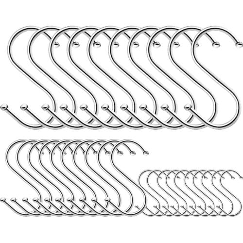 Shu-san Tech S-shaped Hooks, Large, Medium, and Small, Stainless Steel, 30-Pack, General-Purpose, Rust-Resistant, for Kitchen, Bathroom, and Toilet, S