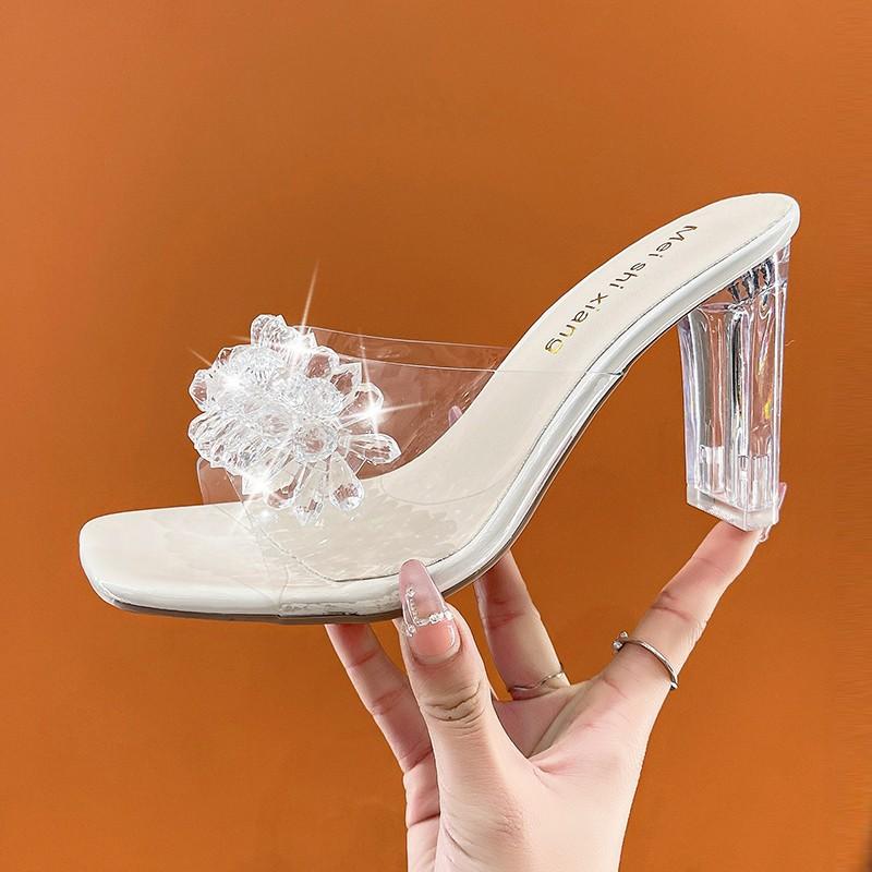 Summer New Women's Slippers Luxury Rhinestone Transparent Quare Toe Sandals Elegant Banquet Party Dress Ladies High Heels