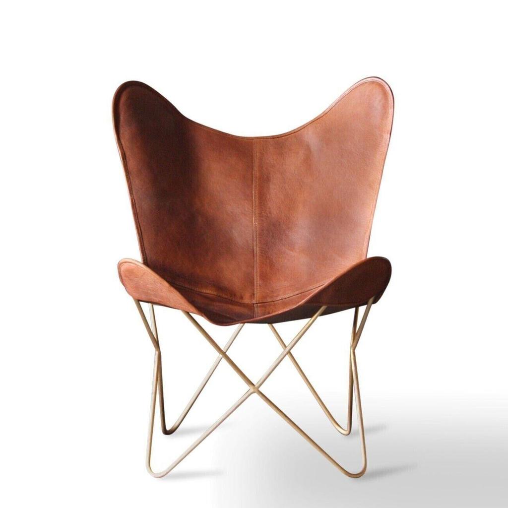 Indyjski antyczny skórzany fotel motylkowy Tan Relax Arm Chair Home Décor Lounge