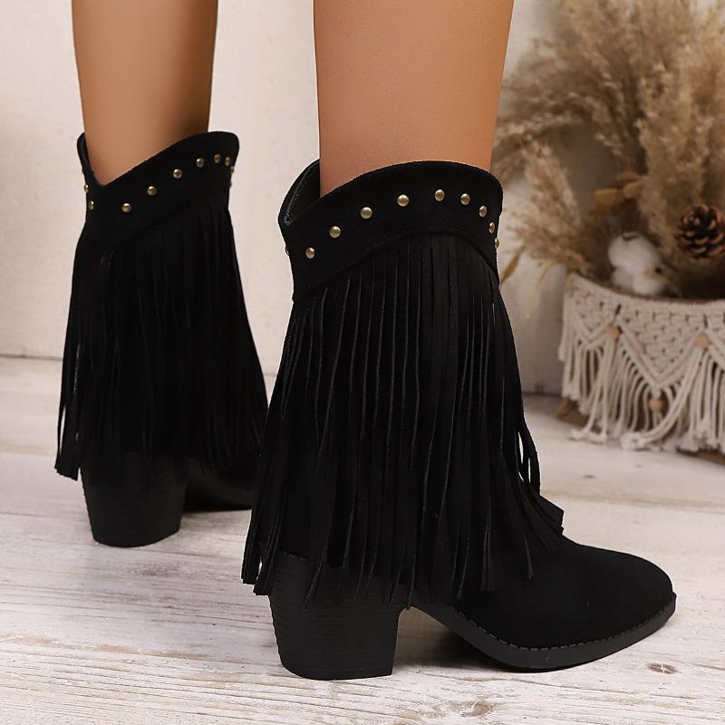 Autumn Winter Pointed Toe Thick Heel Ankle Boots Ladies Tassel Western Boots Retro Rivet  Cowboy Fashion Womens Esigner Shoes