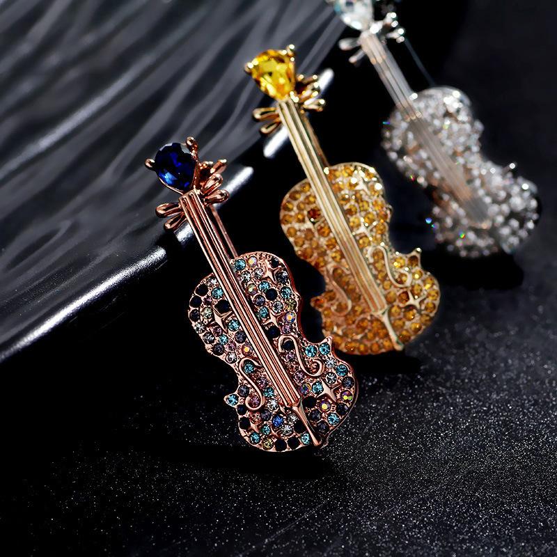 Fashion Crystal Violin Brooch Diamond-Studded Elegant Coat and Shirt Accessory Pin Gift Corsage