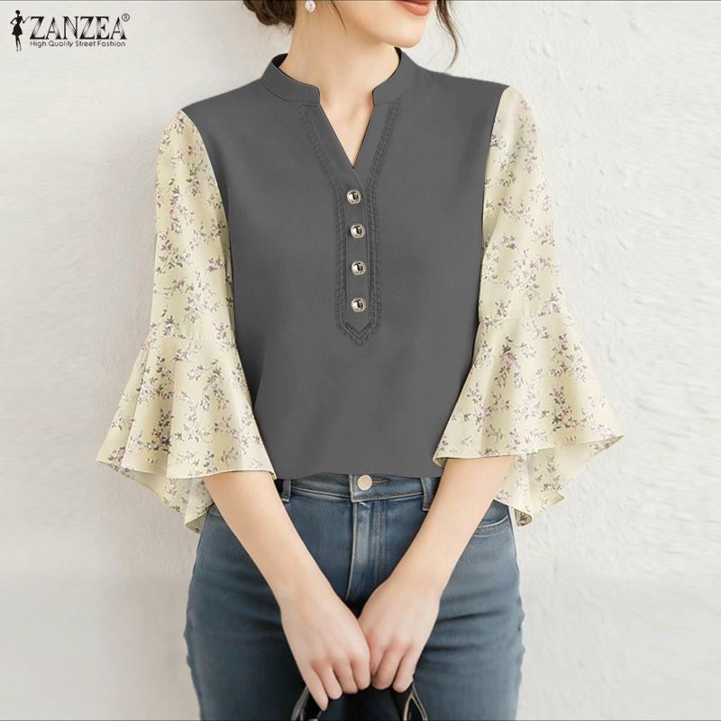 ZANZEA Women Casual V-Neck Print Splice Loose 3/4 Sleeve Blouse