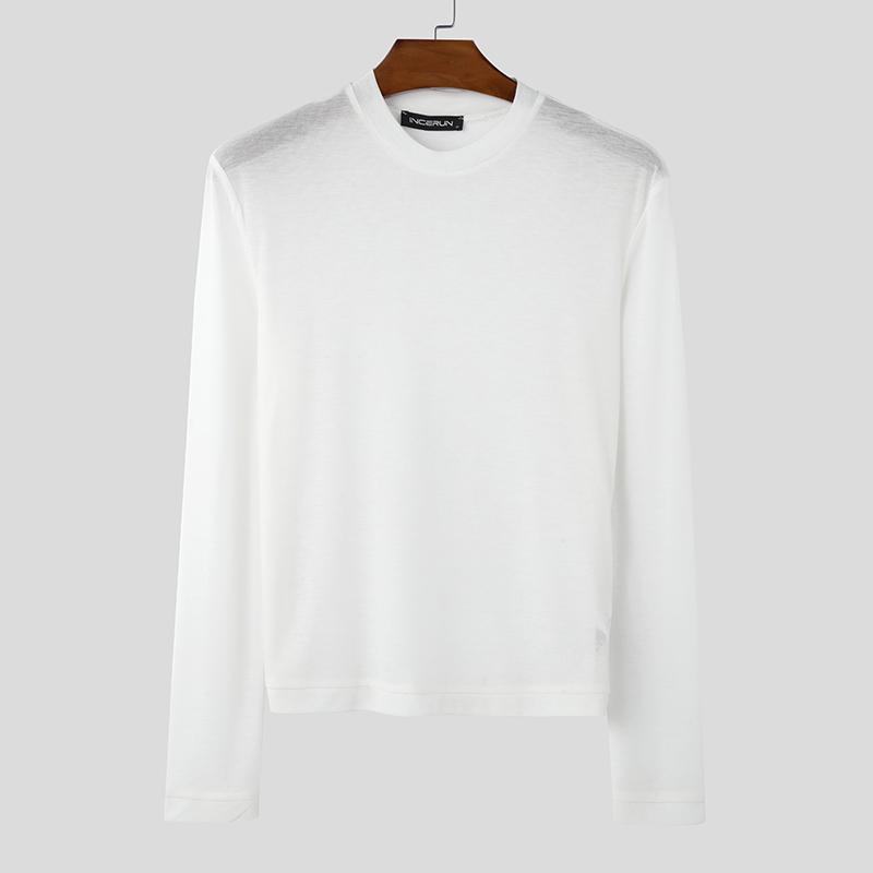 

INCERUN Men Round Neck Long Sleeve Knitted Semi-Sheer T-shirts Tops S білий