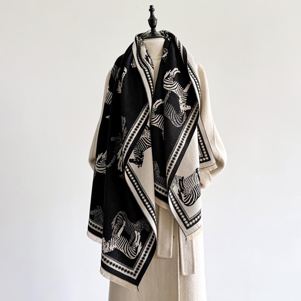 Women Luxury Warm Cashmere Poncho Shawl Scarves Zebra Print Thick Pashmina Winter Blanket Wrap Casual Hijab Stole Scarf