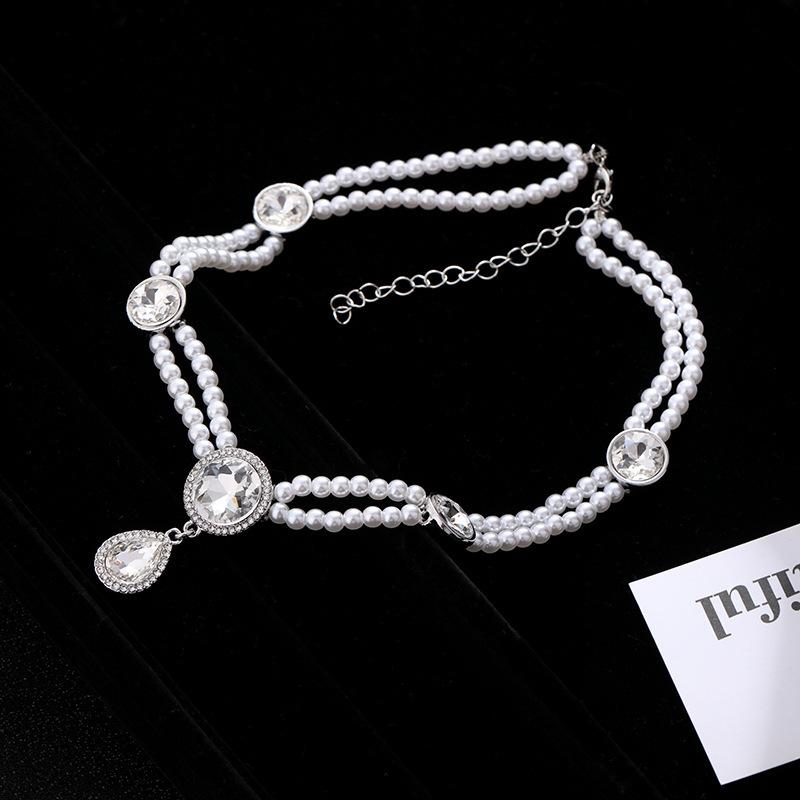 Pearl retro diamond necklace French temperament high-end niche design double-layer woven beaded collarbone chain