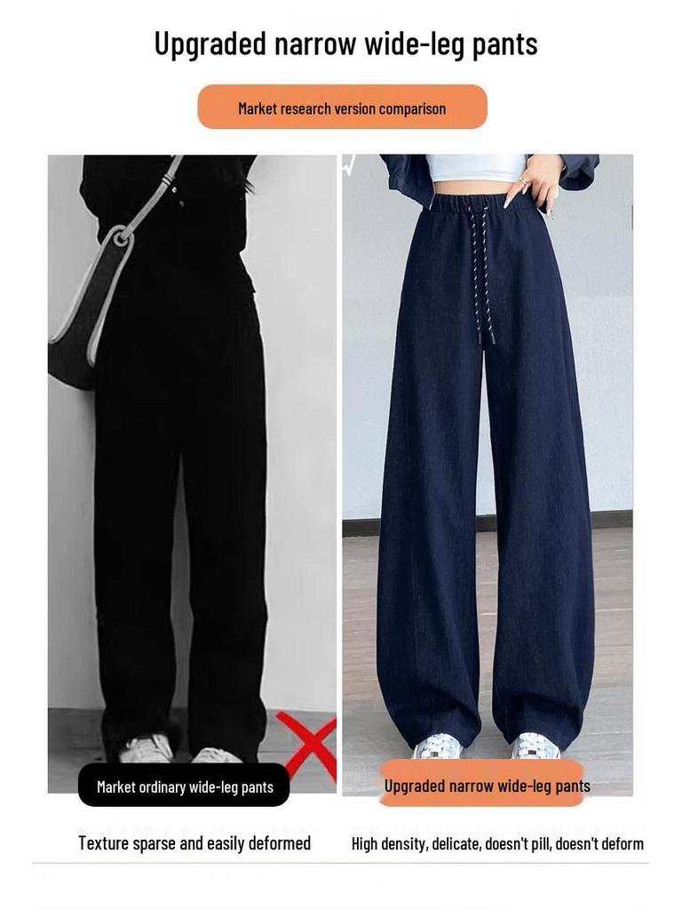 Women's Blue High-Waisted Slim-Fit Wide-Leg Pants - Pear-Shaped, Slimming, Loose Casual Trousers for Autumn 2025.