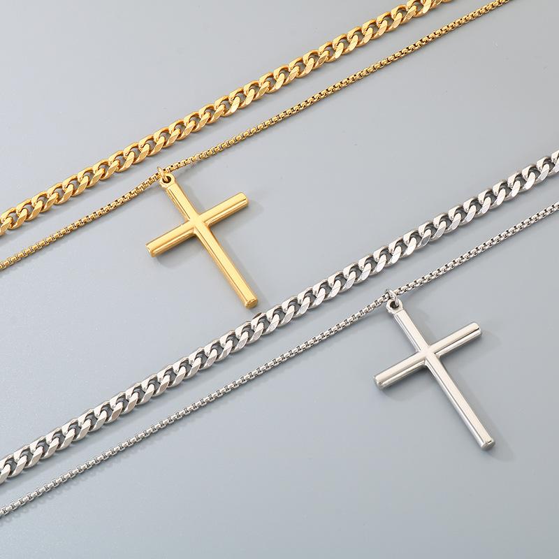 2026 Fashion Hipster Men's Cross Necklace Stacked Strap Chain Simple Jewelry