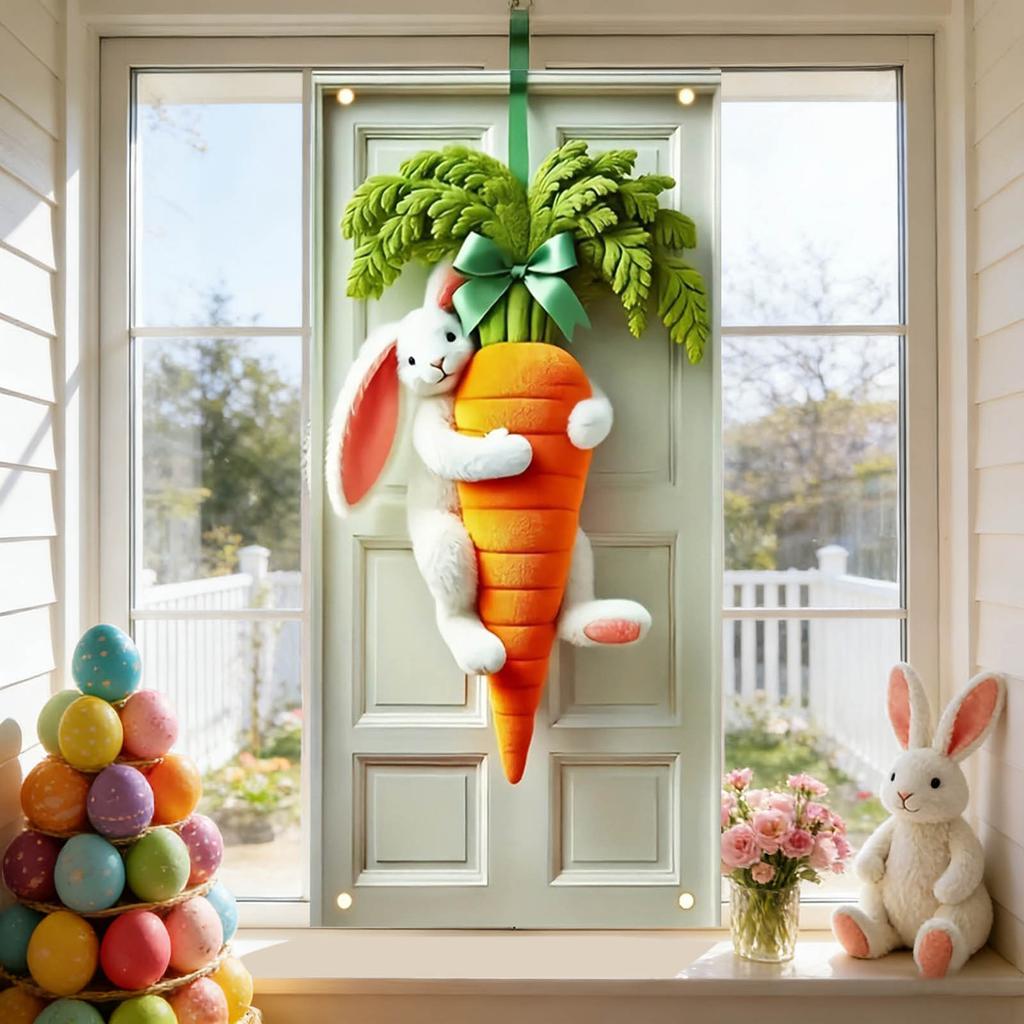 Cute Playful Easter Door Banner Rabbit Hugging Carrot Door Hanger Country-style Home Festive Door Curtain Decoration