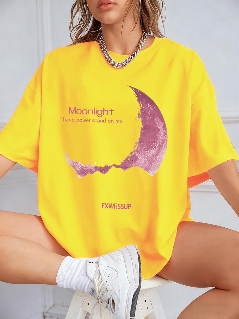 Plus Beautiful Moonlight Prints T-Shirts Womens Summer Cotton Short Sleeve T Shirt O-Neck Comfortable Loose Tops Casual Clothes