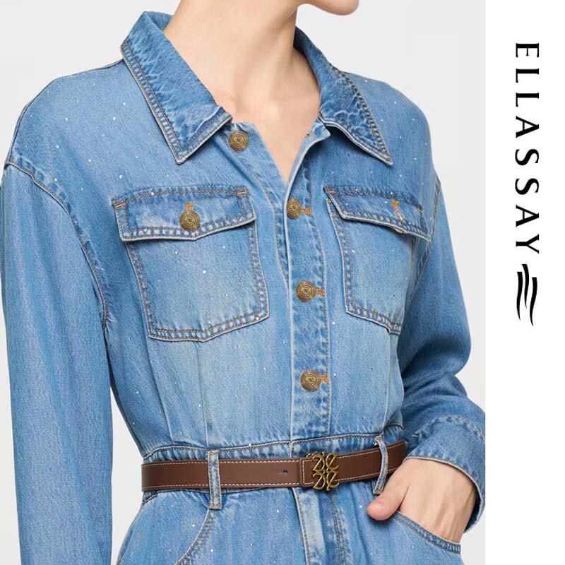 ELLASSAY Women's Lyocell Denim Waist-Cinching Long Sleeve Dress