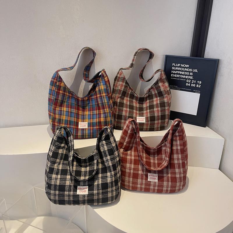 Vintage Plaid Handbag Lightweight Large Capacity Commuter Shoulder Bag