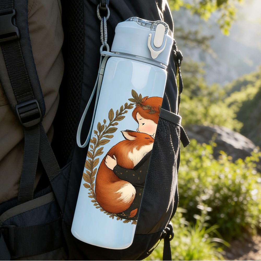 1PC Wreath Fox Couple Print 750ml Color Plastic Sports Water Bottle Leakproof Flip Straw Lid Suitable for Sports Office Home Use