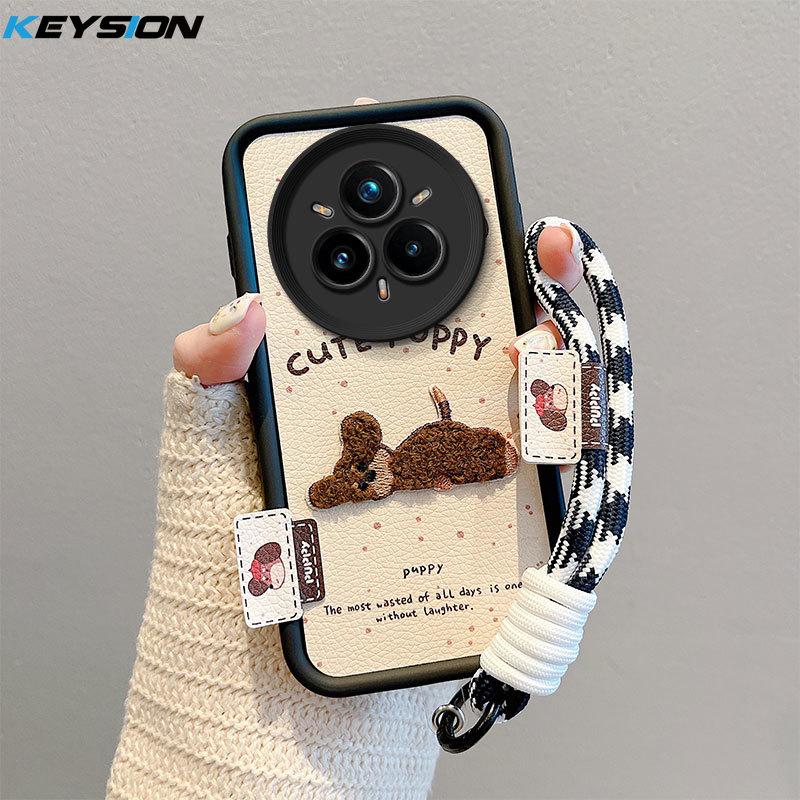 KEYSION Cartoon Cute Plush Embroidery Case for Realme 14 Pro+ 5G with Lanyard Shockproof Phone Cover for OPPO Realme 14 Pro 5G