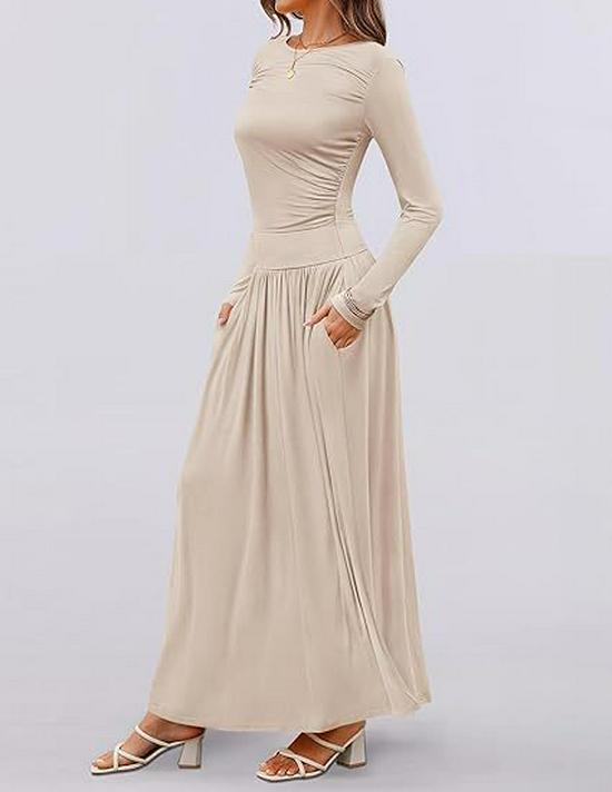 Europäisches & Amerikanisches Dünnes Strickkleid für Damen mit Tasche - Rundhalsausschnitt, Plissierter Langarm