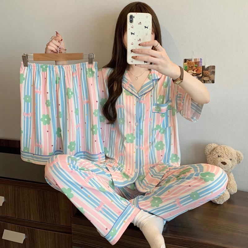 Cute Cartoon Rabbit Summer Pajama Set: Soft, Wrinkled Fabric, Short-Sleeved, Three-Piece Home Wear