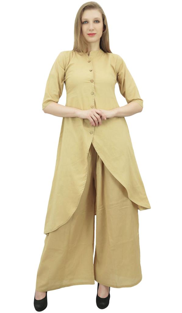 Phagun Asymmetrical Kurta Kurti Solid Beige Indian Clothing With Palazzo