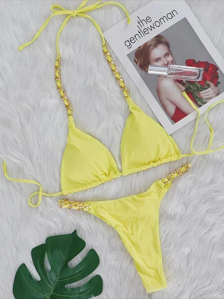 

Новинка 2024 года, сексуальный бикини с металлическими цепочками на шее, женский купальник, женский купальник, комплект из двух частей, бразильский купальный костюм, купальный костюм для плавания L