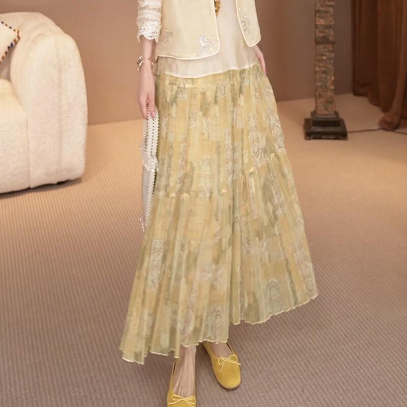 Bailuyu Elegant Vintage Floral Pleated Maxi Skirt L