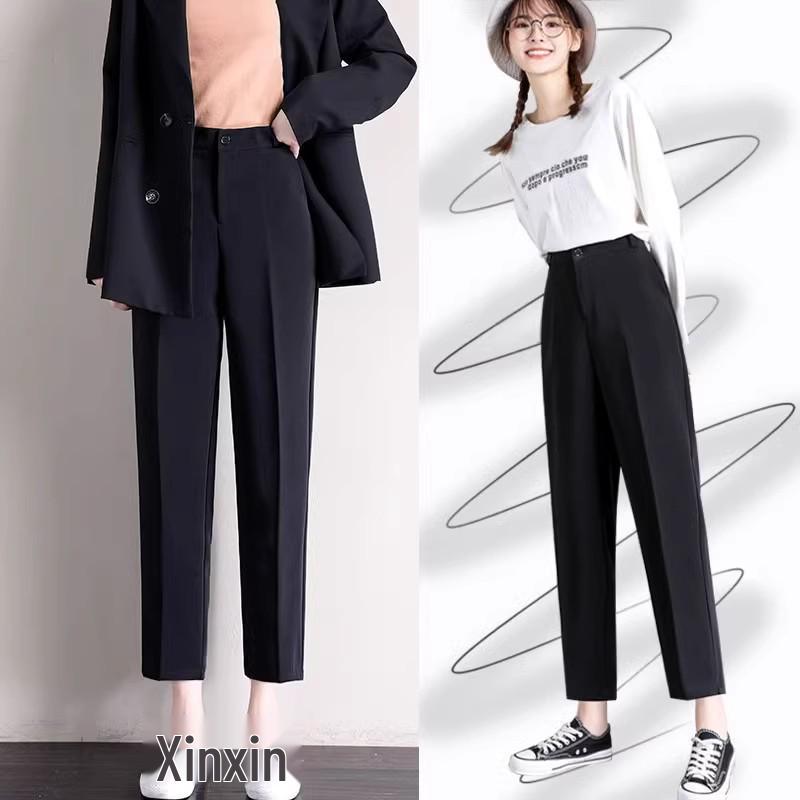 Women's High-Waist Black Cigarette Pants - Slimming, Plus Size, Cropped, Straight Fit for Spring/Autumn