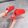 22cm Sexy Peep Toe Platform Women PumpsSuper High Thin Heels Patent Leather Wedding Stilettos Large Size 9 Inches Wedding Shoes