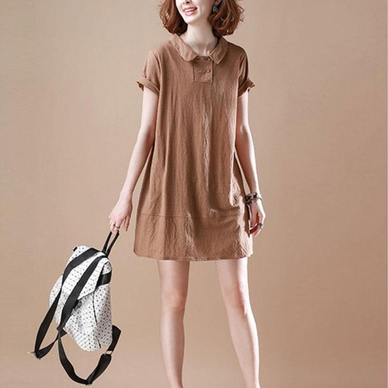 Koreanische lockere Kurzarmkleider Sommer Freizeit Peter Pan Kragen Damen Knopf Basic Gespleißtes einfarbiges Midikleid