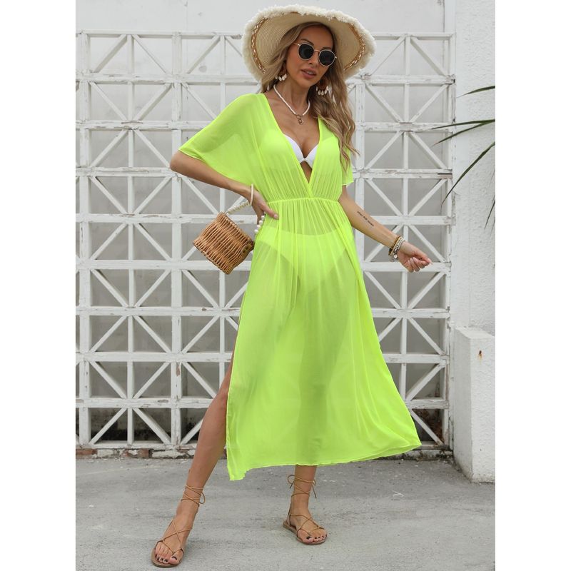 

Female Beach Dress Bikini Blouse European and American Women s Clothing Sheer Mesh Waist Slit Deep V Dress Z1013 Green All yards